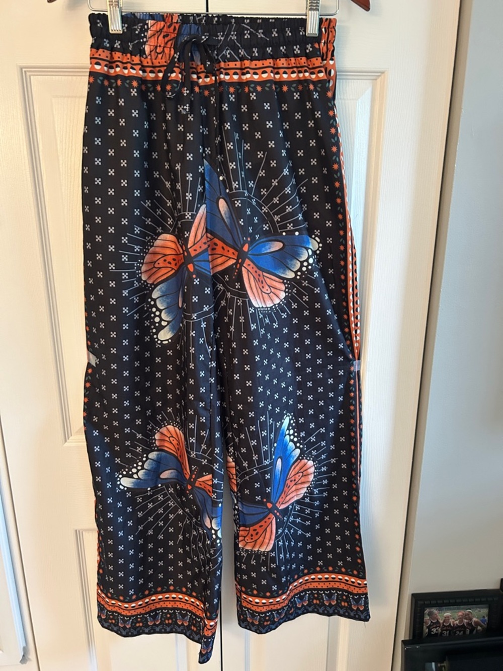 Wide Leg Butterfly-Print Pants in Navy and Coral